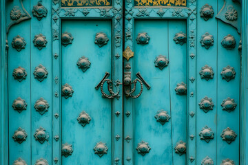 Fototapeta premium Ornate turquoise door and fa? section ade detailing at Patrika Gate in Jaipur, India