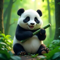 Adorable Baby Panda Holding Bamboo in Lush Forest