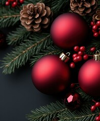 Fototapeta premium Decorative red ornaments with pinecones and greenery for festive season