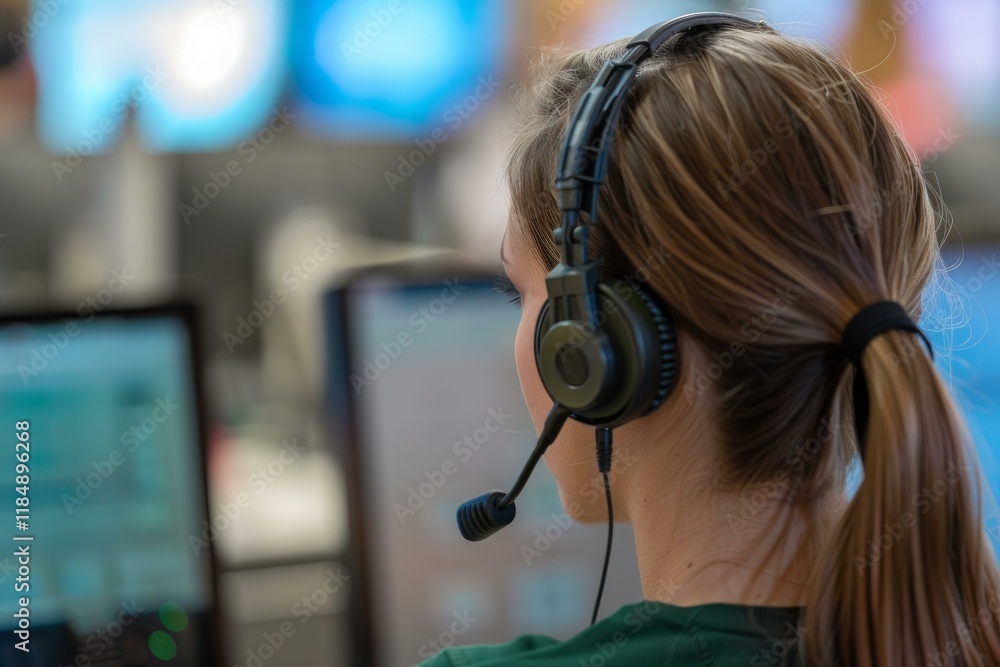Poster female operator working with headset and computers in control room