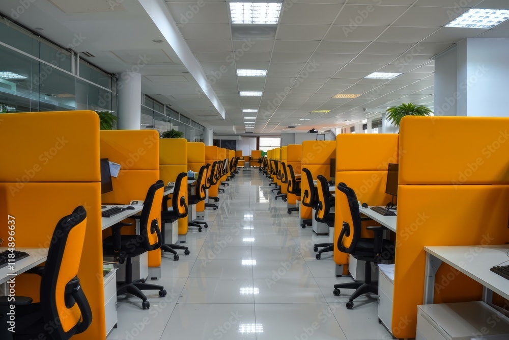 Poster rows of empty desks and computers in a modern open plan office space, featuring vibrant orange divid