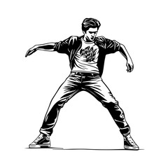 Naklejka premium Silhouette of a young Asian man freestyle dancing at a wedding, wearing a stylish modern outfit like a graphic T-shirt, skinny jeans, and sneakers, full-body view from head to toe, solid black