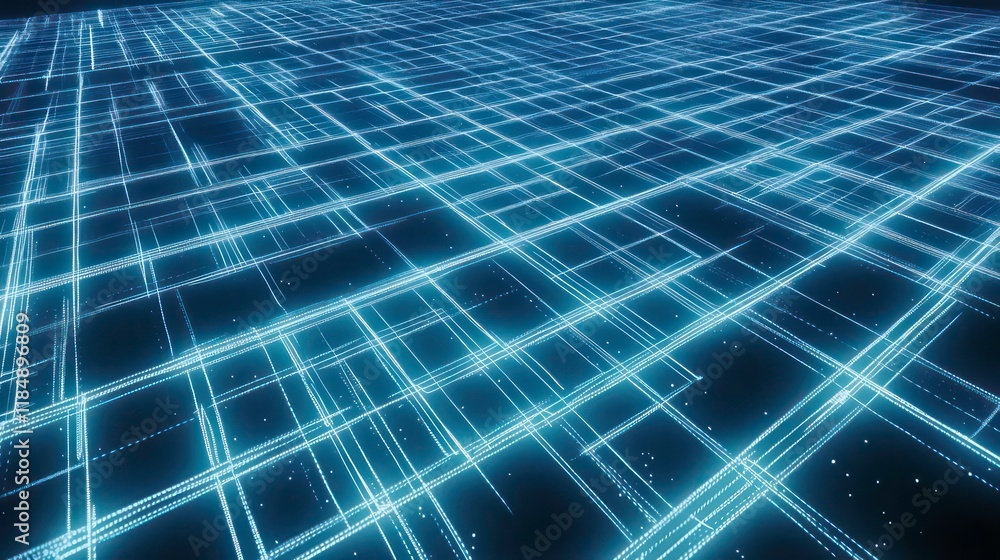 Aufkleber abstract digital grid network, glowing blue lines and dots on dark background.