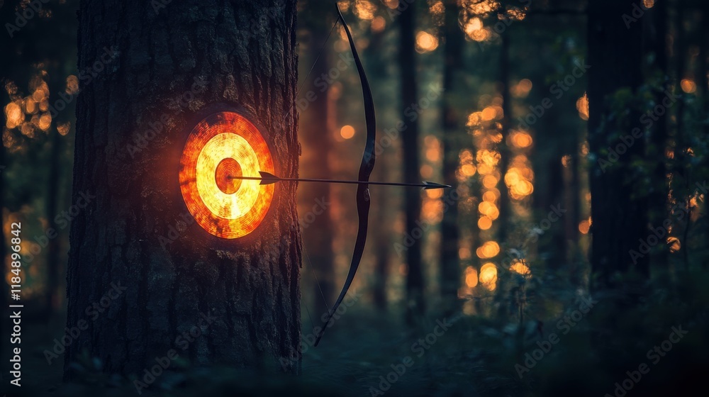 Poster a fiery target embedded in a tree, with an arrow lodged in the center, set against a serene forest b