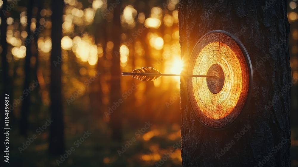 Poster a wooden target with an arrow embedded in it, surrounded by trees at sunset, creating a serene and f