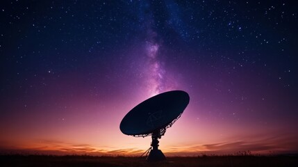 A large satellite dish stands silhouetted against a vibrant sky filled with stars and the Milky Way