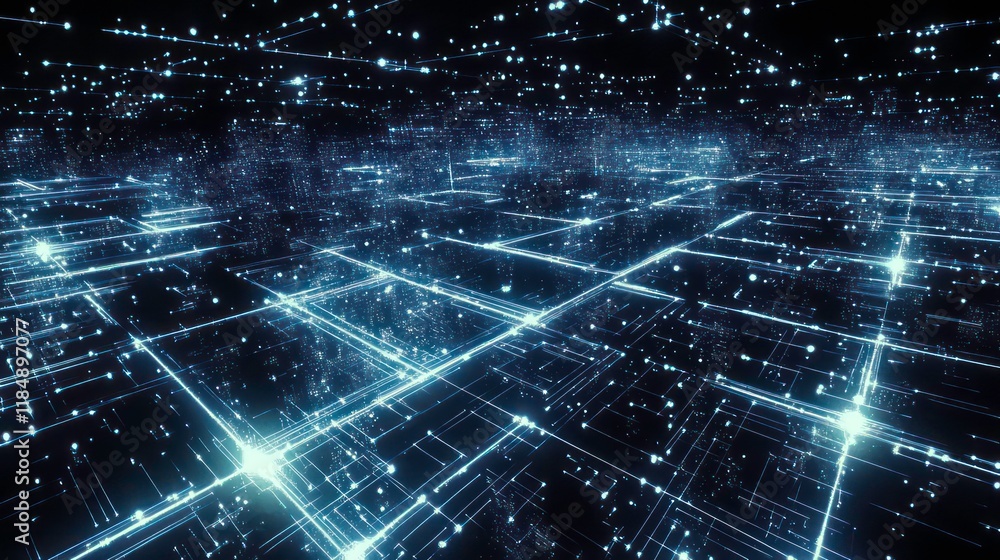 Poster Abstract digital network grid glowing in dark space.
