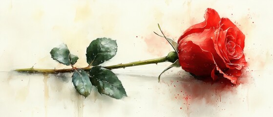Elegant Red Rose with Leaf on Soft Cream Background for Decor