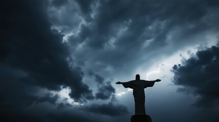 A Statue of Jesus Standing on a Pedestal in Front of a Stormy - Generative AI