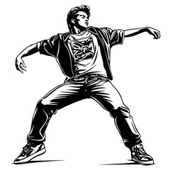 Naklejka premium Silhouette of a young Asian man freestyle dancing at a wedding, wearing a stylish modern outfit like a graphic T-shirt, skinny jeans, and sneakers, full-body view from head to toe, solid black