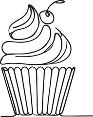 Cupcake and Cherry Vector Illustration Clean Line Drawing