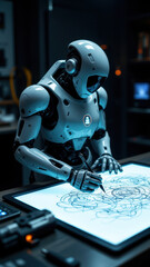 Fototapeta premium A humanoid AI robot working on intricate blueprints at a desk with technology equipment.