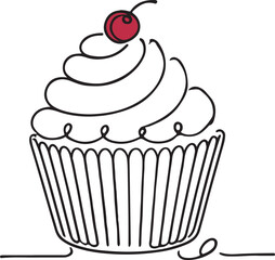 Cupcake and Cherry Vector Illustration Clean Line Drawing