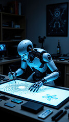 Advanced robotic assistant working on holographic interface.