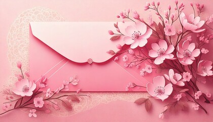 Pink, Valentine's Day or wedding background with envelope surrounded by flowers
