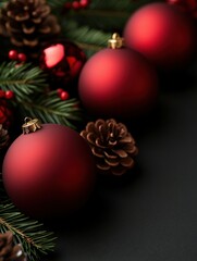 Obraz premium Decorative red Christmas ornaments with pine cones on a black background