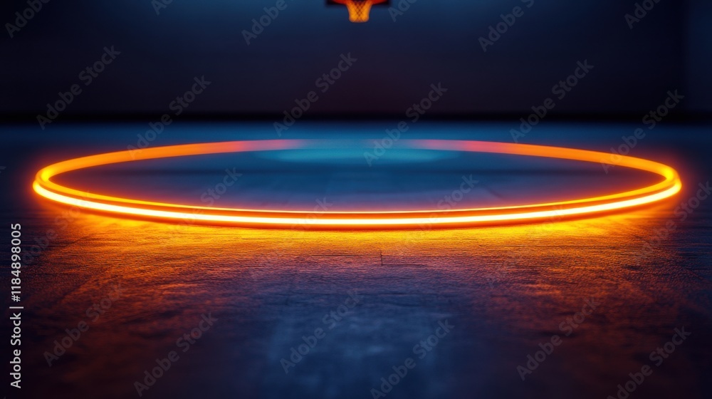 Poster a glowing orange neon circle illuminates a dark space, creating a futuristic and dynamic atmosphere.