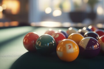 A close-up view of colorful billiard balls on a green felt table, creating a vibrant and inviting atmosphere.