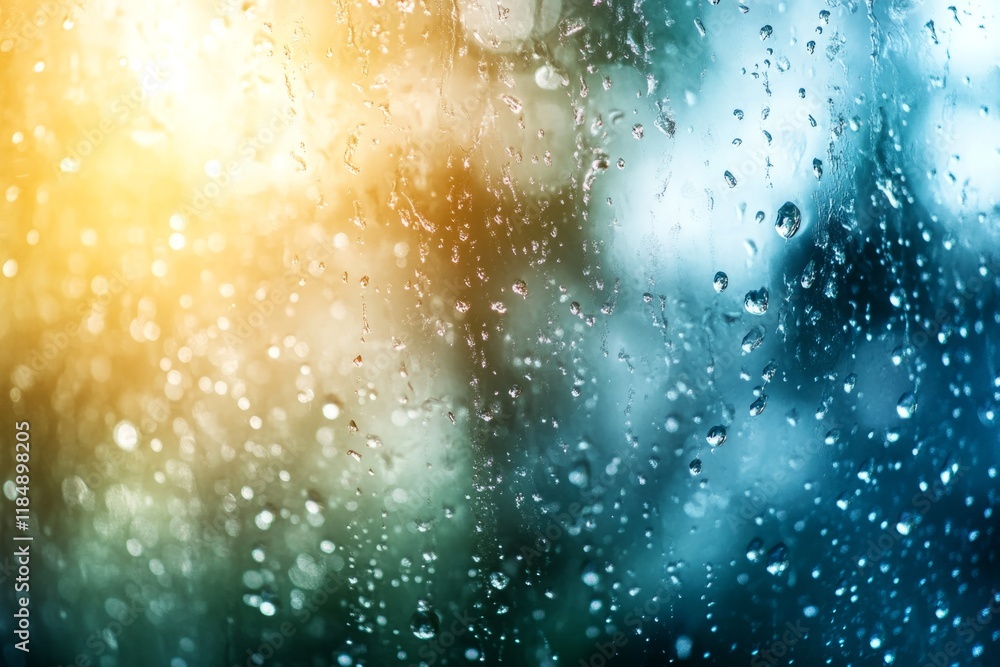 Poster water drops sliding on window glass surface with sunlight in the background, creating a beautiful ab
