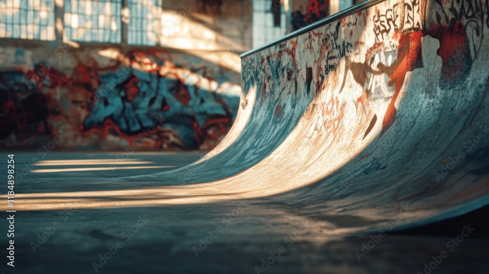 Poster an urban skatepark with graffiti-covered ramps capturing sunlight, creating dynamic shadow patterns.