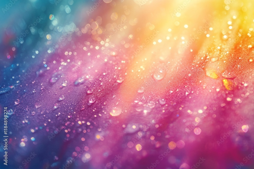 Poster colorful gradient surface with water droplets reflecting light, creating a vibrant and festive bokeh