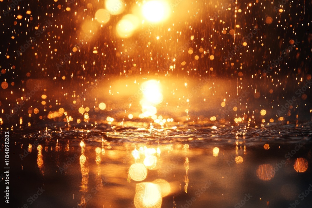 Poster rain is falling on a water surface at night, creating ripples and reflections with a golden bokeh ef