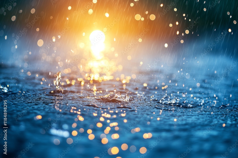 Poster rain is falling on a water surface at sunset, creating splashes and bokeh effect