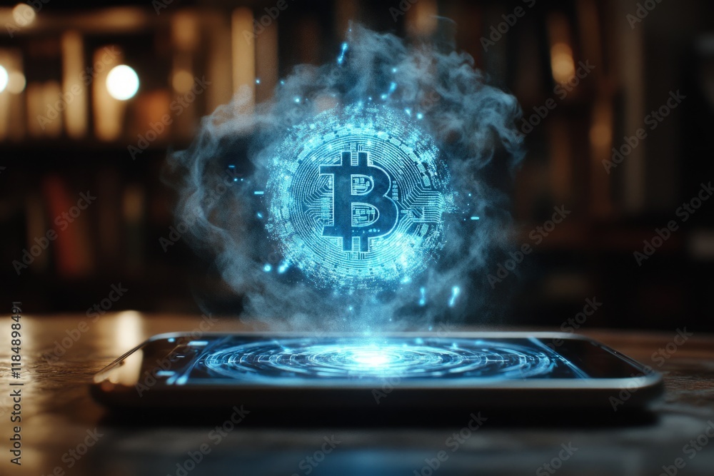 Poster hologram of bitcoin symbol floating over tablet computer, showcasing cryptocurrency investment and t