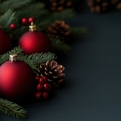 Fototapeta premium Festive decorations featuring red ornaments and pine in winter style
