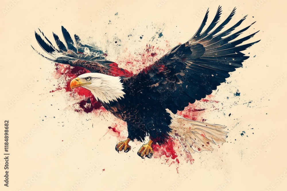 Poster powerful illustration of a bald eagle in flight, enhanced with a dynamic paint splatter effect, crea