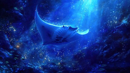 Majestic Manta Ray Soaring Through Bioluminescent Ocean Depths