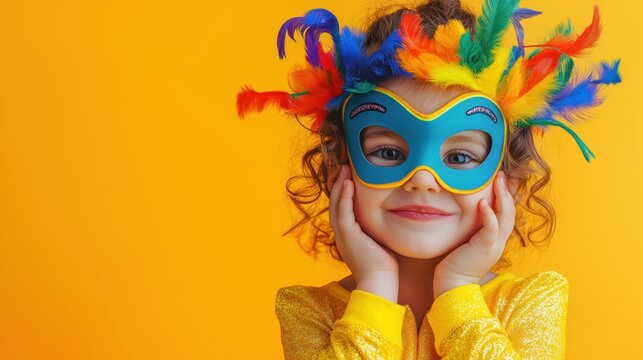 Adorable little girl wearing feathered mask
