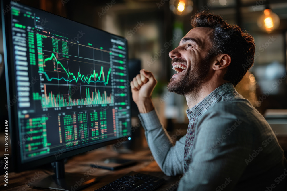 Poster happy stock trader celebrating successful investment and making profit, looking at computer screen w