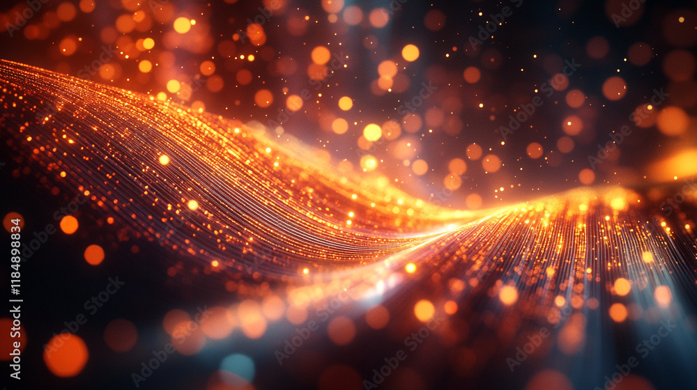 Poster vibrant abstract waves shimmer with glowing particles in a dark background