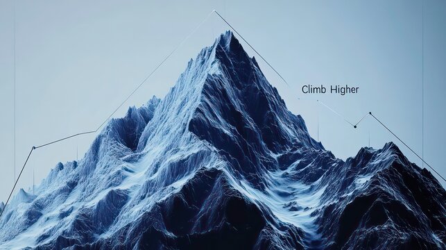 Majestic snow-capped mountain peak with upward trending lines symbolizing growth and achievement.