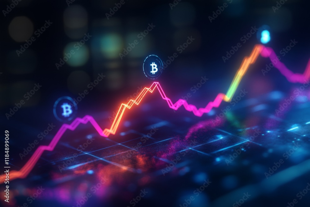 Poster bitcoin digital currency value increasing showing a bull market trend on a colorful digital chart di
