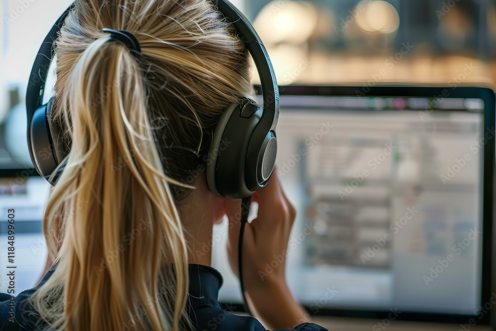 Poster programmer with headphones working from home and focusing on the code displayed on the screen