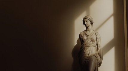 Fototapeta premium A Statue of a Woman in a White Dress Standing in Front of a Window - Generative AI