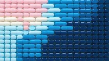 Obraz premium Colorful arrangement of pill-shaped objects in pink, blue, and navy, creating a visually striking abstract pattern.
