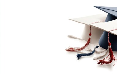 Two graduation caps in navy and white colors placed side by side on a plain surface, showcasing their colorful tassels, symbolizing achievement and milestone celebrations