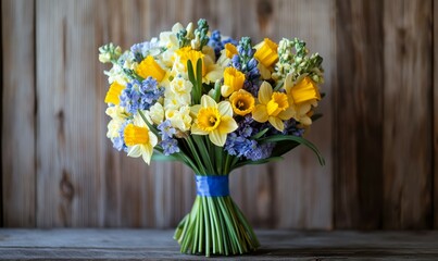 A delicate, hand-tied bouquet featuring spring flowers such as daffodils and hyacinths in shades of yellow and blue