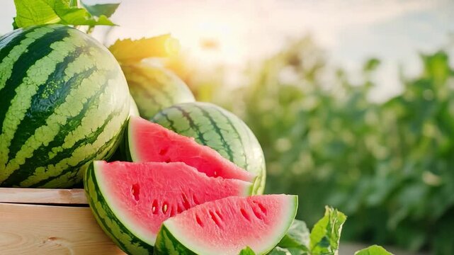 Ripe whole and sliced watermelons arranged in a vibrant field basking in warm sunlight
