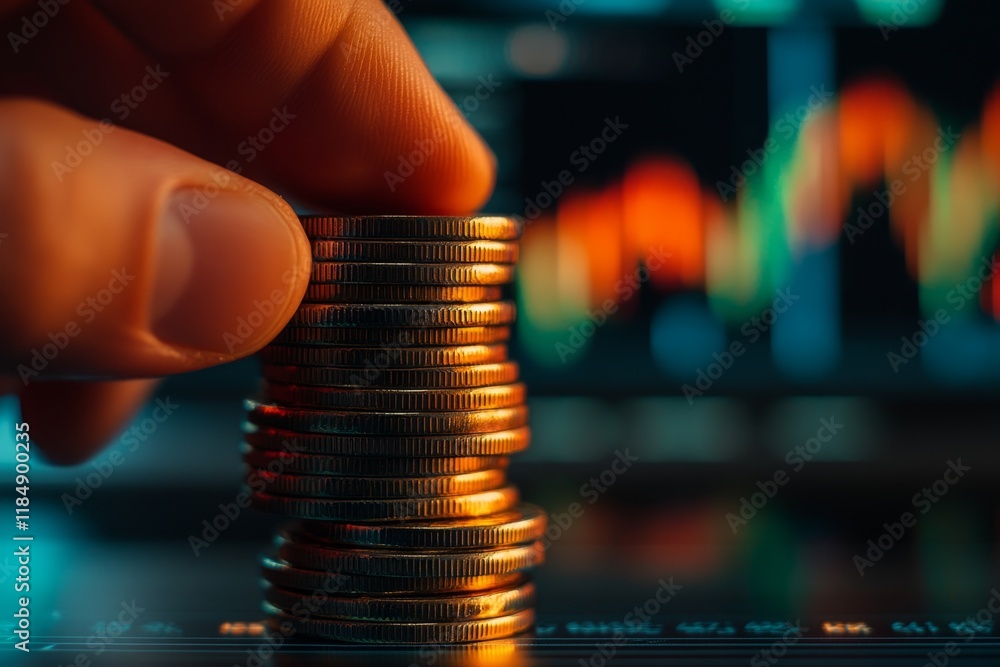 Poster hand adding coins to a stack with stock market graph in background, concept of investment and financ