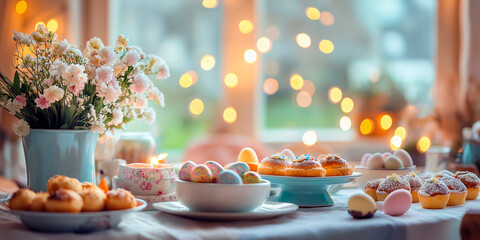 Naklejka premium Festive Easter table with pastel-colored eggs, muffins, and delicate flowers in a blue vase, illuminated by warm bokeh lights for a cozy holiday atmosphere
