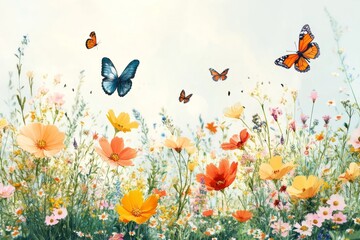 Idyllic nature painting of colorful wildflowers and butterflies flying under a blue sky with white clouds