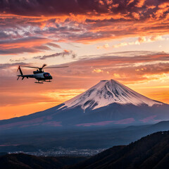 helicopter flying over mount Fuji during a vibrant