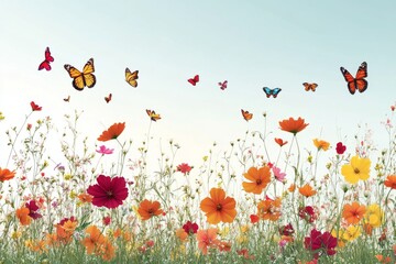 Obraz premium Colorful butterflies flying over beautiful cosmos flowers in a sunny field