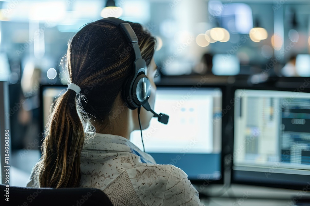Poster female security operator wearing headset working with computers in a modern office control room
