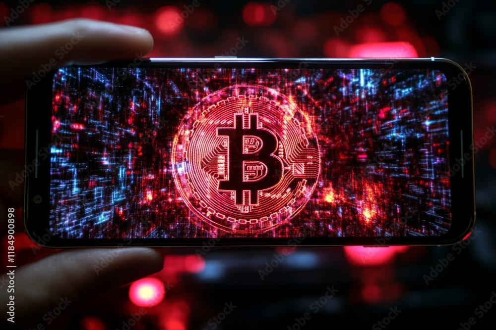 Poster smartphone showing bitcoin symbol with futuristic red and blue printed circuit board background