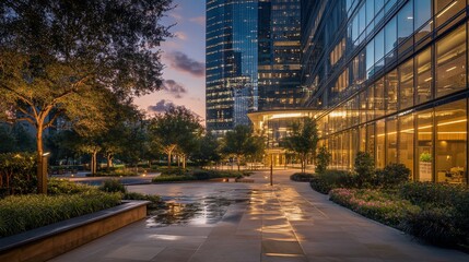 Fototapeta premium Urban park at dusk, illuminated modern office building, landscaped courtyard, tranquil atmosphere.